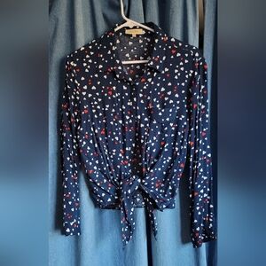 Love Notes Navy w/ Red & White Hearts Print Button-Up, Tie Waist Blouse